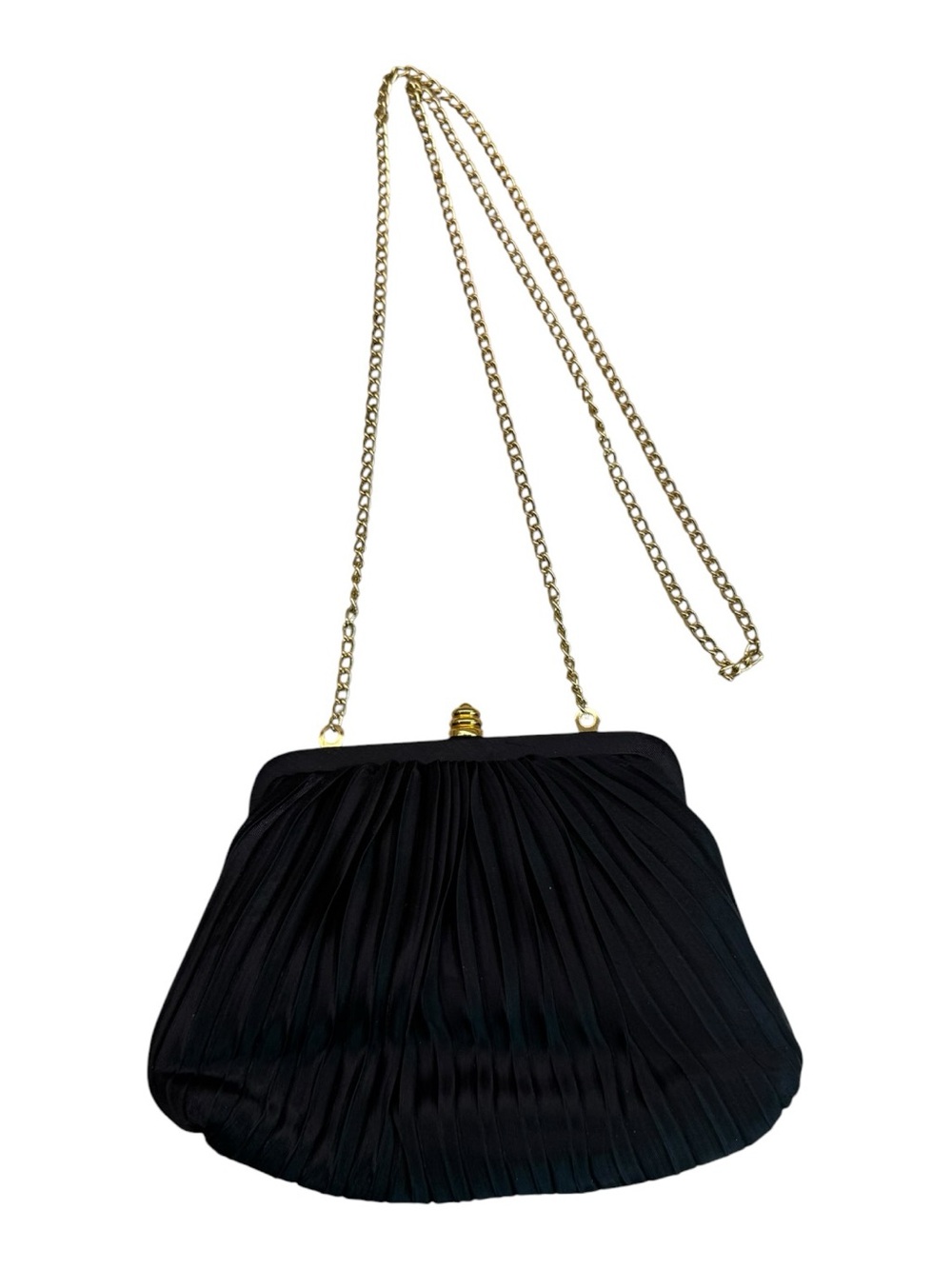 VINTAGE SASHA BLACK SATIN EVENING BAG/PURSE W/CROSS-BODY CHAIN